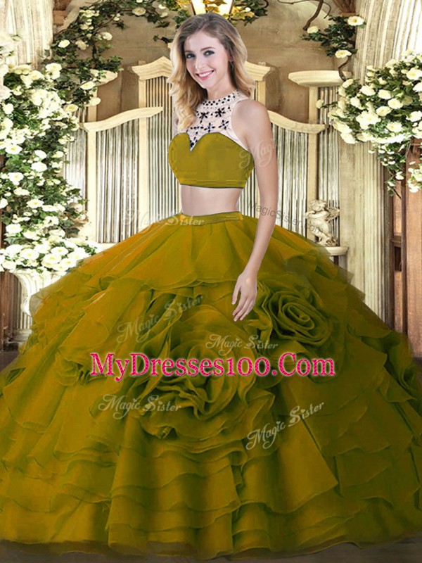 Great Sleeveless Tulle Floor Length Backless Sweet 16 Dress in Olive Green with Beading and Ruffled Layers