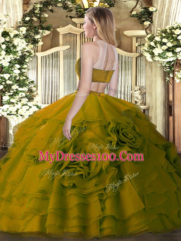 Great Sleeveless Tulle Floor Length Backless Sweet 16 Dress in Olive Green with Beading and Ruffled Layers