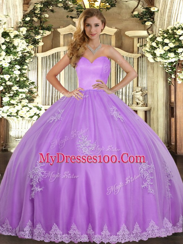 Lovely Lavender Tulle Lace Up Vestidos de Quinceanera Sleeveless Floor Length Beading and Appliques