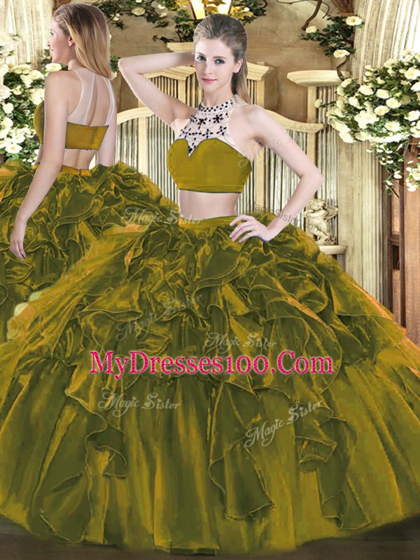 Shining Sleeveless Tulle Floor Length Backless Sweet 16 Quinceanera Dress in Olive Green with Beading and Ruffles