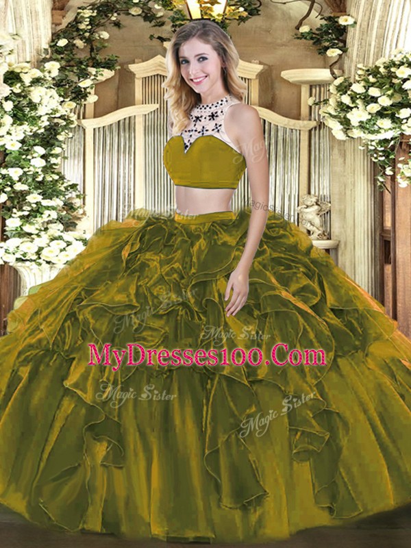 Shining Sleeveless Tulle Floor Length Backless Sweet 16 Quinceanera Dress in Olive Green with Beading and Ruffles