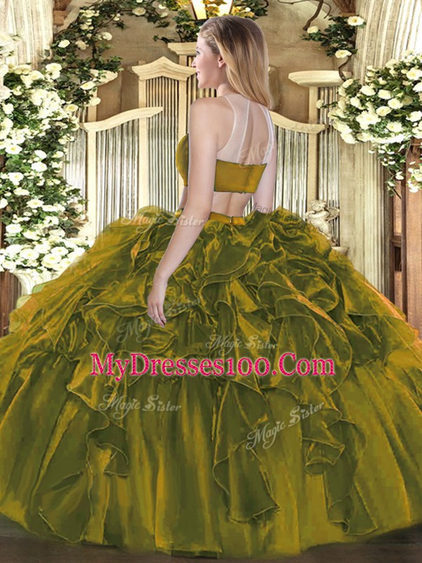 Shining Sleeveless Tulle Floor Length Backless Sweet 16 Quinceanera Dress in Olive Green with Beading and Ruffles