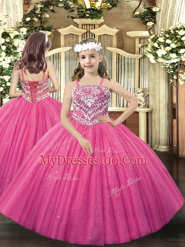 Floor Length Ball Gowns Sleeveless Hot Pink Pageant Dress for Teens Lace Up