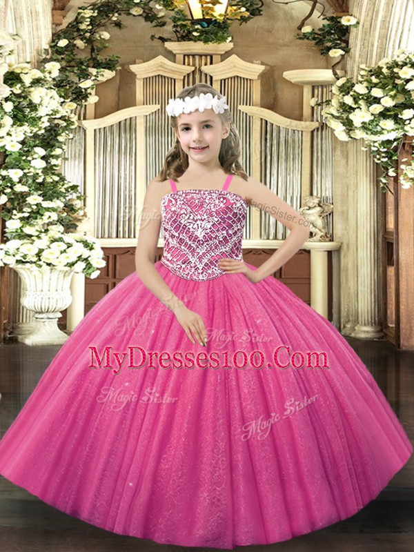 Floor Length Ball Gowns Sleeveless Hot Pink Pageant Dress for Teens Lace Up