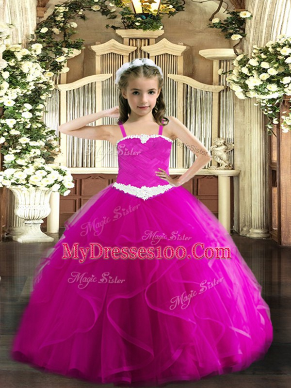 Fuchsia Straps Lace Up Appliques and Ruffles Little Girls Pageant Dress Sleeveless