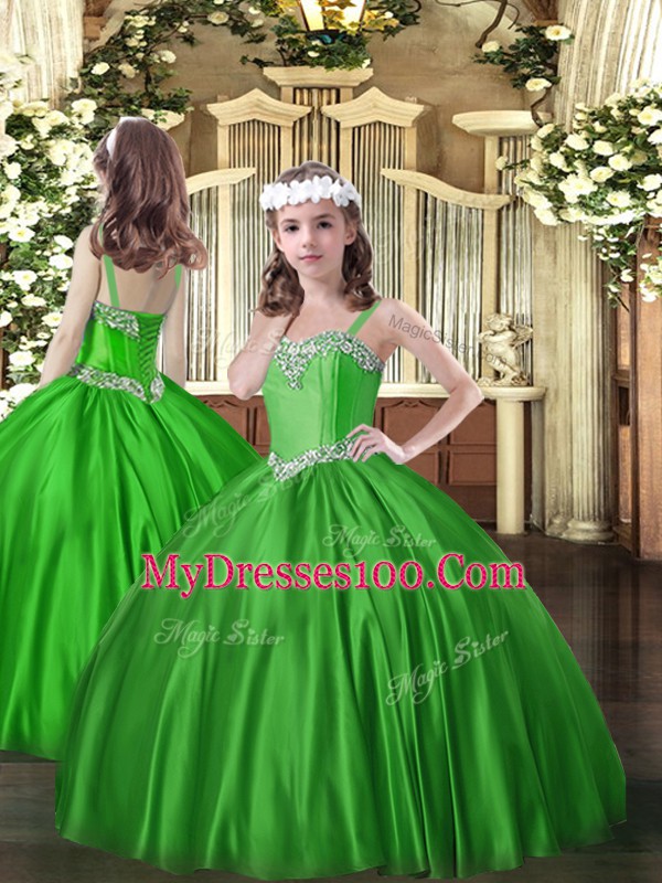 Satin Straps Sleeveless Lace Up Beading Little Girls Pageant Gowns in Green