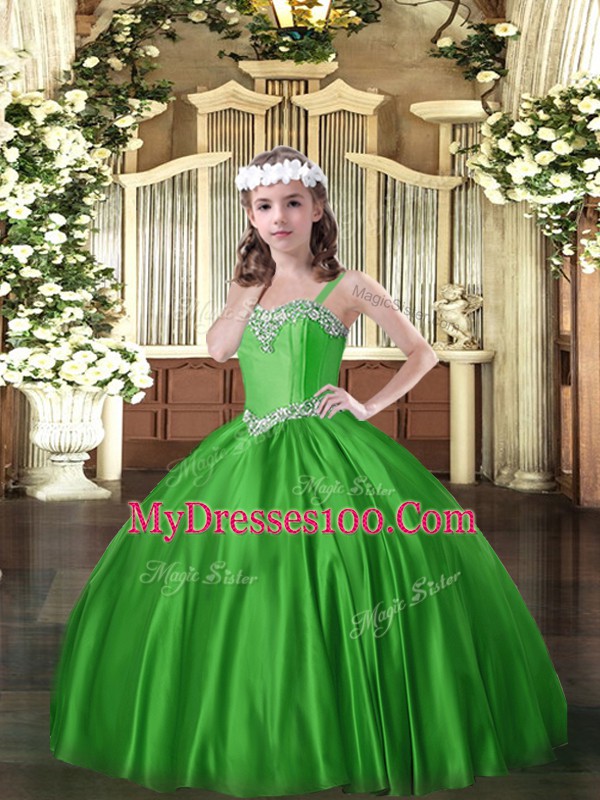 Satin Straps Sleeveless Lace Up Beading Little Girls Pageant Gowns in Green