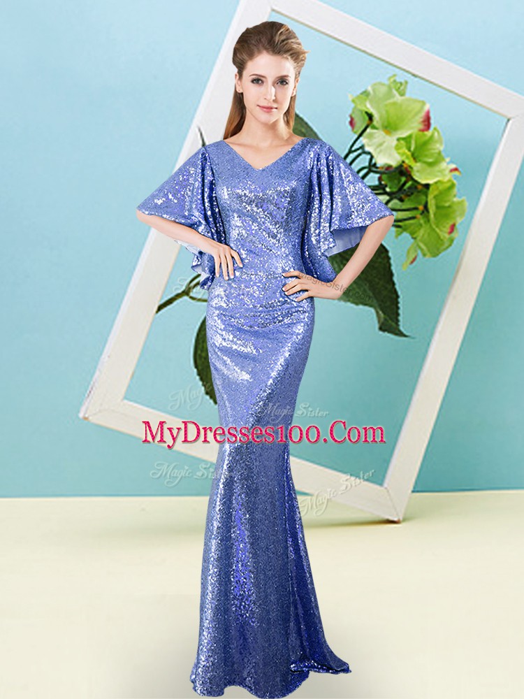 Unique Blue Sequined Zipper Military Ball Dresses For Women Half Sleeves Floor Length Sequins