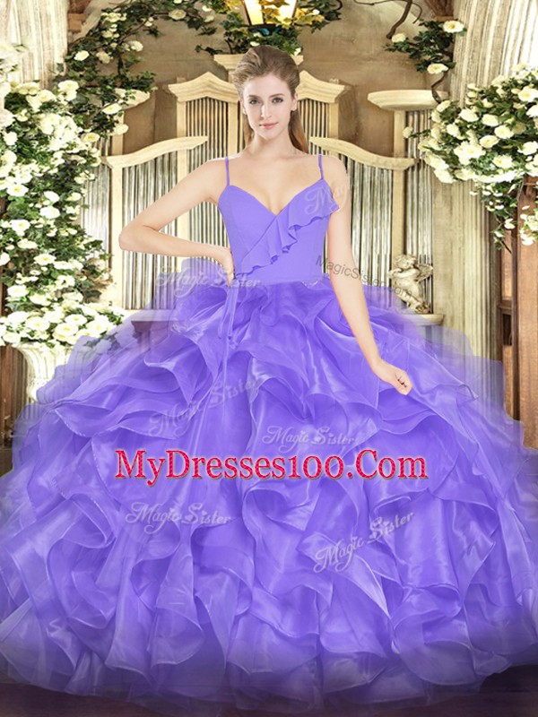 Elegant Lavender Ball Gowns Ruffles Sweet 16 Dress Zipper Organza Sleeveless Floor Length