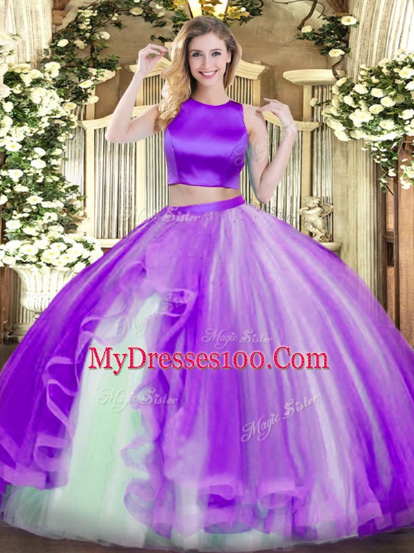 Extravagant Two Pieces Ball Gown Prom Dress Purple High-neck Tulle Sleeveless Floor Length Criss Cross