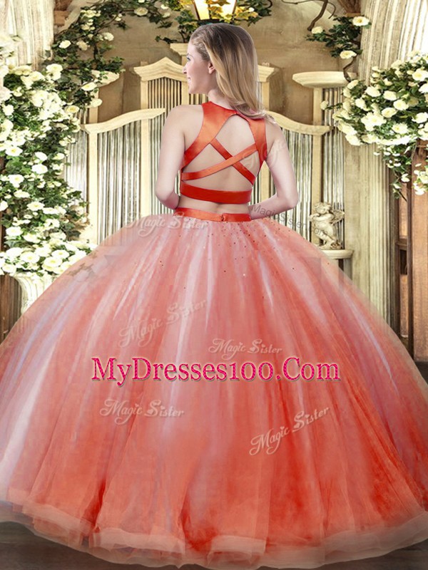 Extravagant Two Pieces Ball Gown Prom Dress Purple High-neck Tulle Sleeveless Floor Length Criss Cross