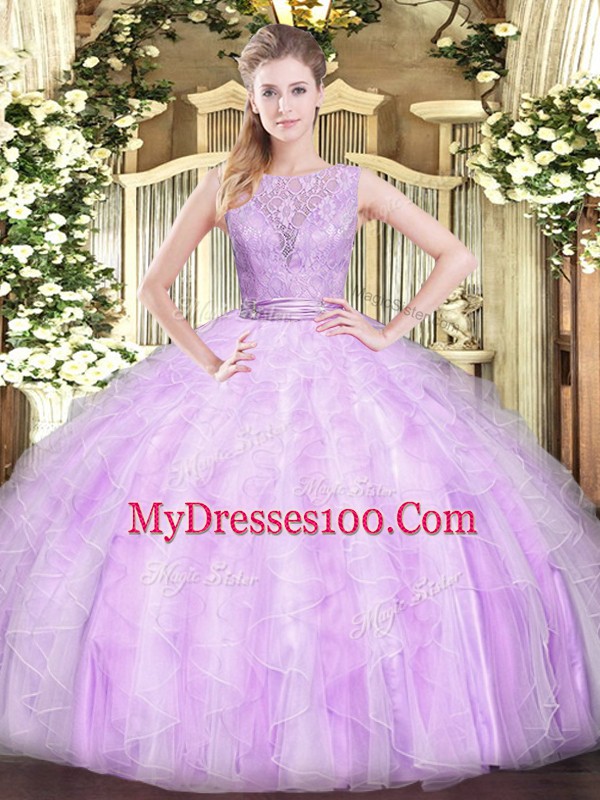 Top Selling Ball Gowns 15 Quinceanera Dress Lilac Scoop Organza Sleeveless Floor Length Backless