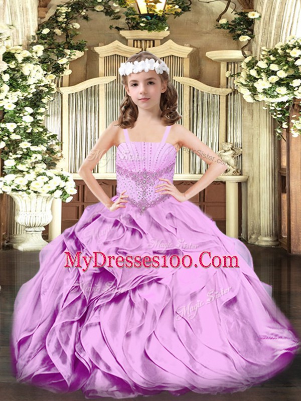 Lilac Lace Up Straps Beading and Ruffles Child Pageant Dress Organza Sleeveless