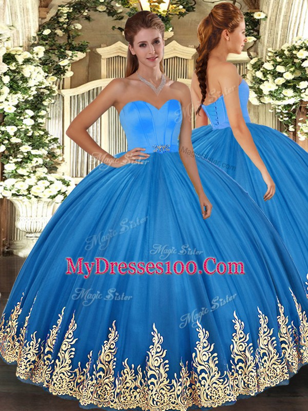 Fabulous Blue Sleeveless Appliques Floor Length Ball Gown Prom Dress