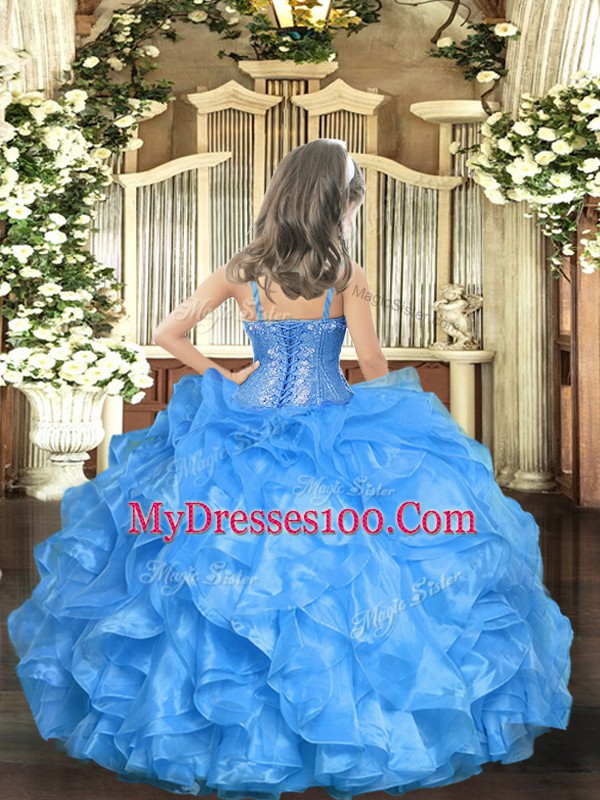 Straps Sleeveless Organza Little Girls Pageant Dress Beading Lace Up