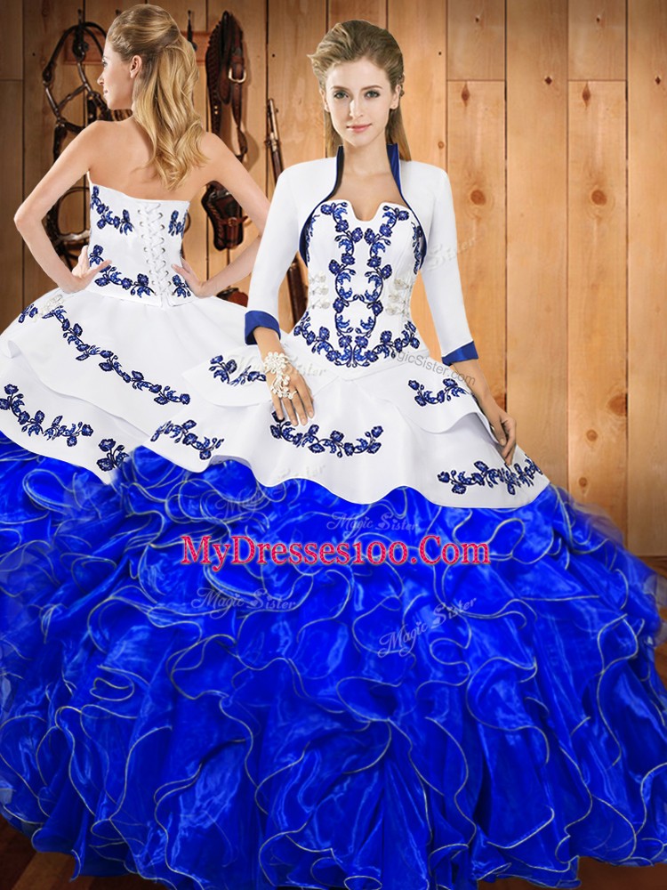 Strapless Sleeveless Vestidos de Quinceanera Floor Length Embroidery and Ruffles Blue And White Satin and Organza