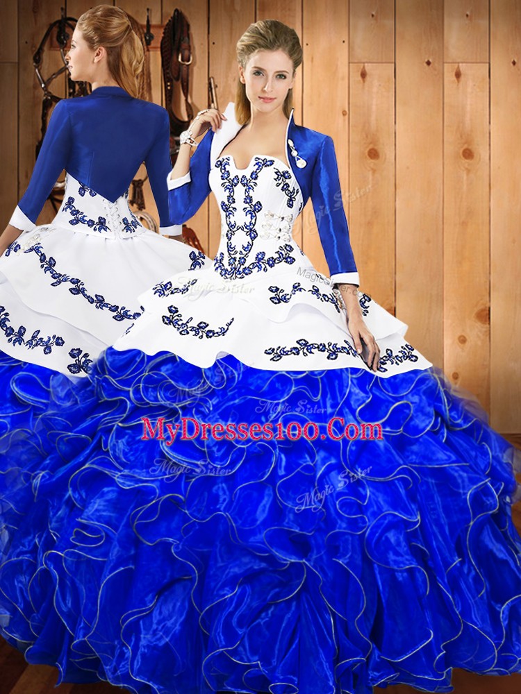 Strapless Sleeveless Vestidos de Quinceanera Floor Length Embroidery and Ruffles Blue And White Satin and Organza