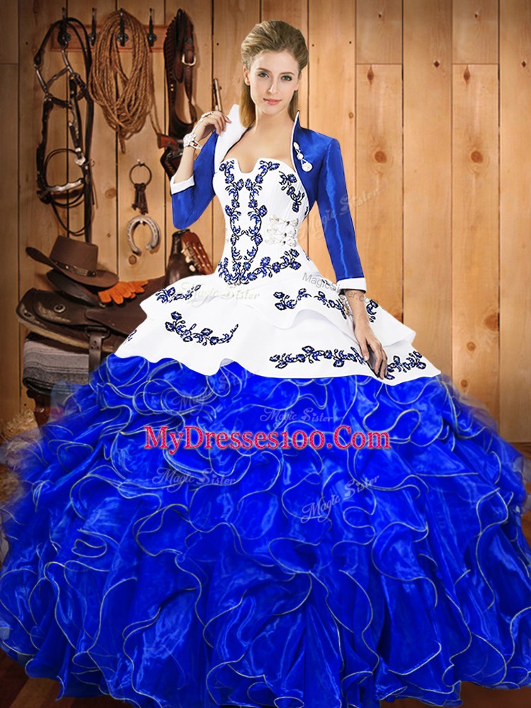 Strapless Sleeveless Vestidos de Quinceanera Floor Length Embroidery and Ruffles Blue And White Satin and Organza