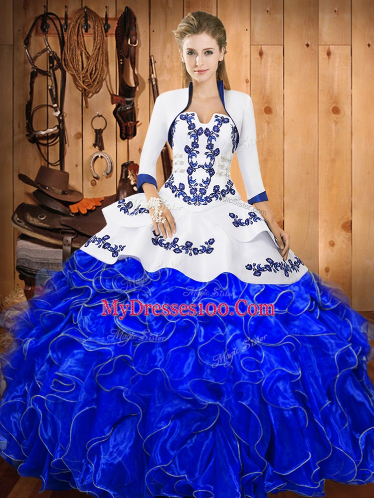 Strapless Sleeveless Vestidos de Quinceanera Floor Length Embroidery and Ruffles Blue And White Satin and Organza