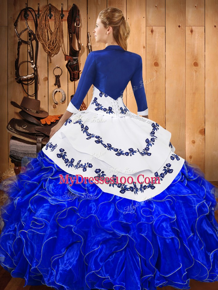 Strapless Sleeveless Vestidos de Quinceanera Floor Length Embroidery and Ruffles Blue And White Satin and Organza