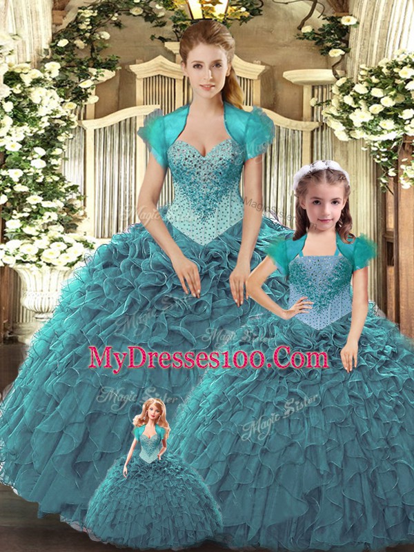 Custom Made Straps Sleeveless Lace Up Quinceanera Gowns Teal Tulle