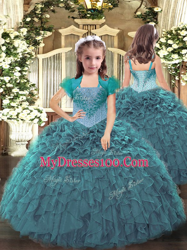 Custom Made Straps Sleeveless Lace Up Quinceanera Gowns Teal Tulle