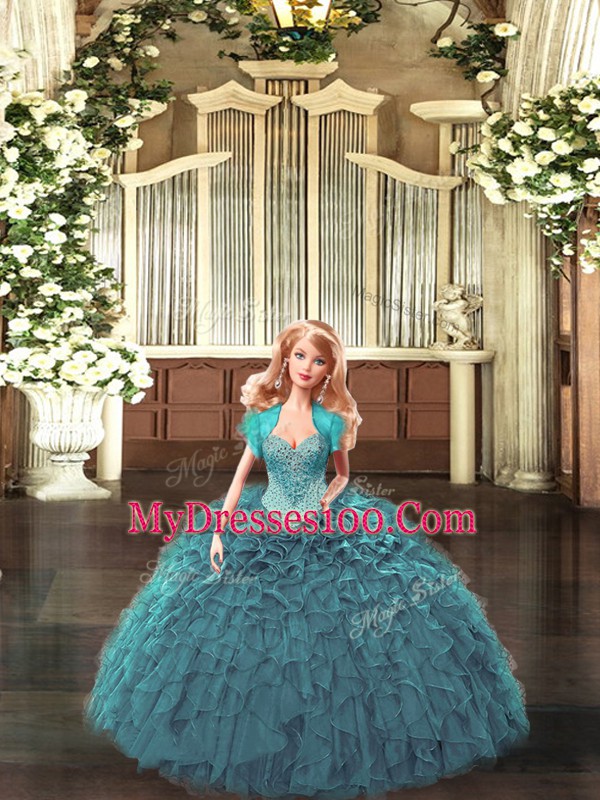 Custom Made Straps Sleeveless Lace Up Quinceanera Gowns Teal Tulle