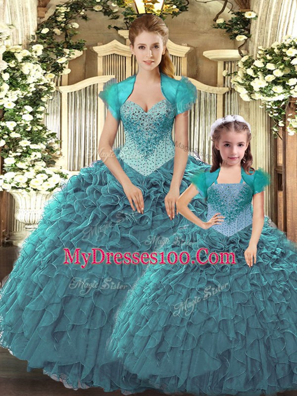 Custom Made Straps Sleeveless Lace Up Quinceanera Gowns Teal Tulle