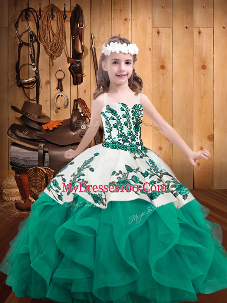 Turquoise Ball Gowns Organza Straps Sleeveless Embroidery and Ruffles Lace Up Custom Made Pageant Dress