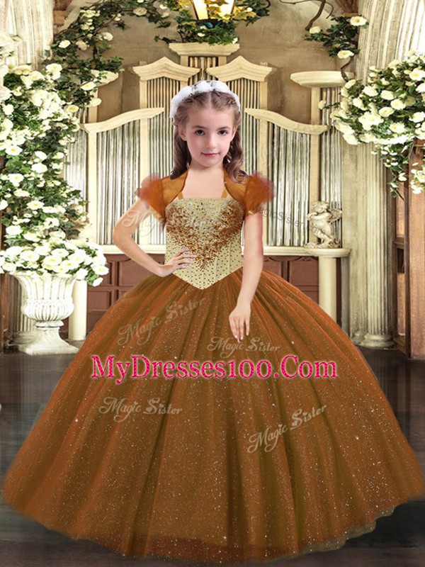 Latest Floor Length Brown Little Girls Pageant Gowns Tulle Sleeveless Beading