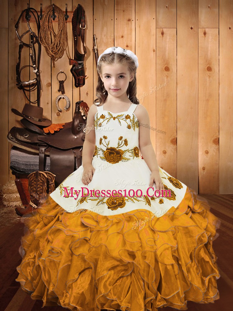 Gold Ball Gowns Embroidery and Ruffles Custom Made Pageant Dress Zipper Organza Sleeveless Floor Length