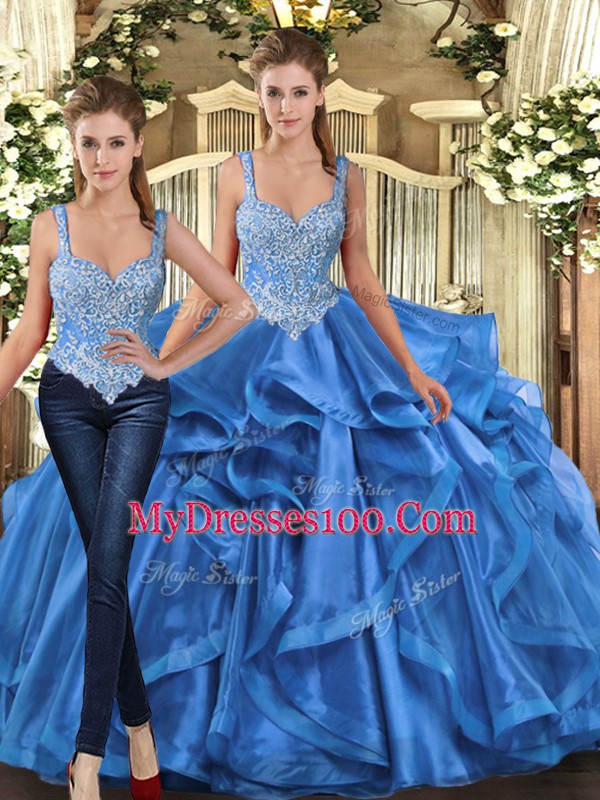 Free and Easy Blue Ball Gowns Straps Sleeveless Tulle Floor Length Lace Up Beading and Ruffles Quinceanera Gown