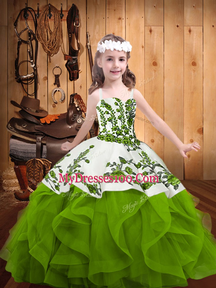 Olive Green Pageant Dress Wholesale Sweet 16 and Quinceanera with Embroidery and Ruffles Straps Sleeveless Lace Up