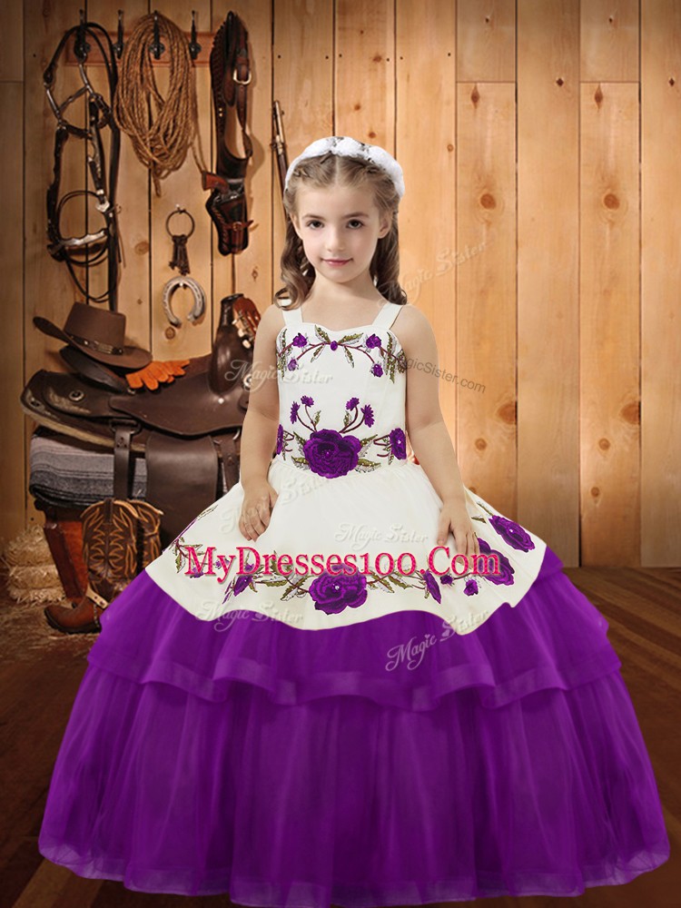 Amazing Purple Lace Up Straps Embroidery and Ruffled Layers Little Girl Pageant Dress Organza Sleeveless
