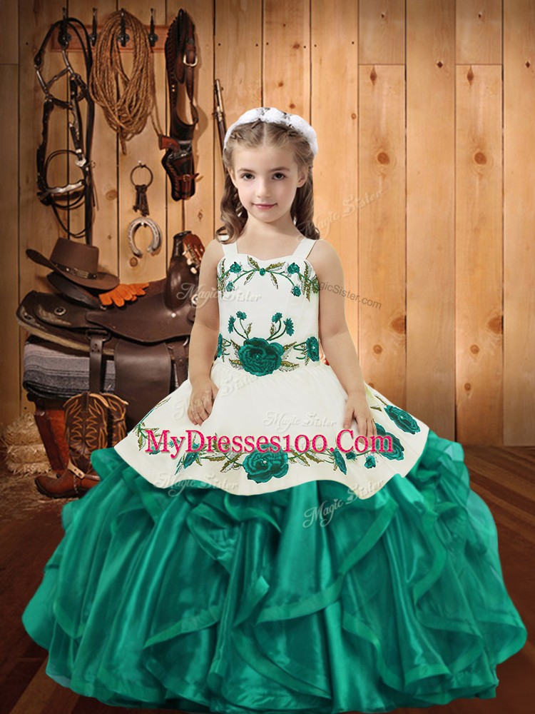 Teal Straps Lace Up Embroidery and Ruffles Little Girl Pageant Gowns Sleeveless