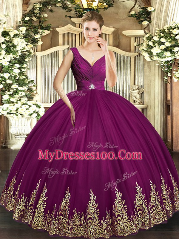 Stunning Sleeveless Floor Length Beading and Appliques and Ruching Backless Quinceanera Gown with Fuchsia