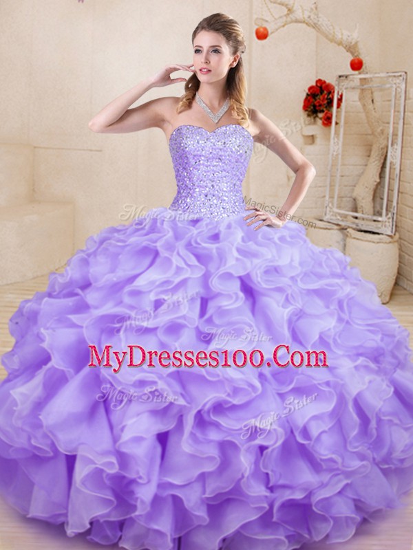 Latest Beading and Ruffles Quinceanera Dress Lavender Lace Up Sleeveless Floor Length