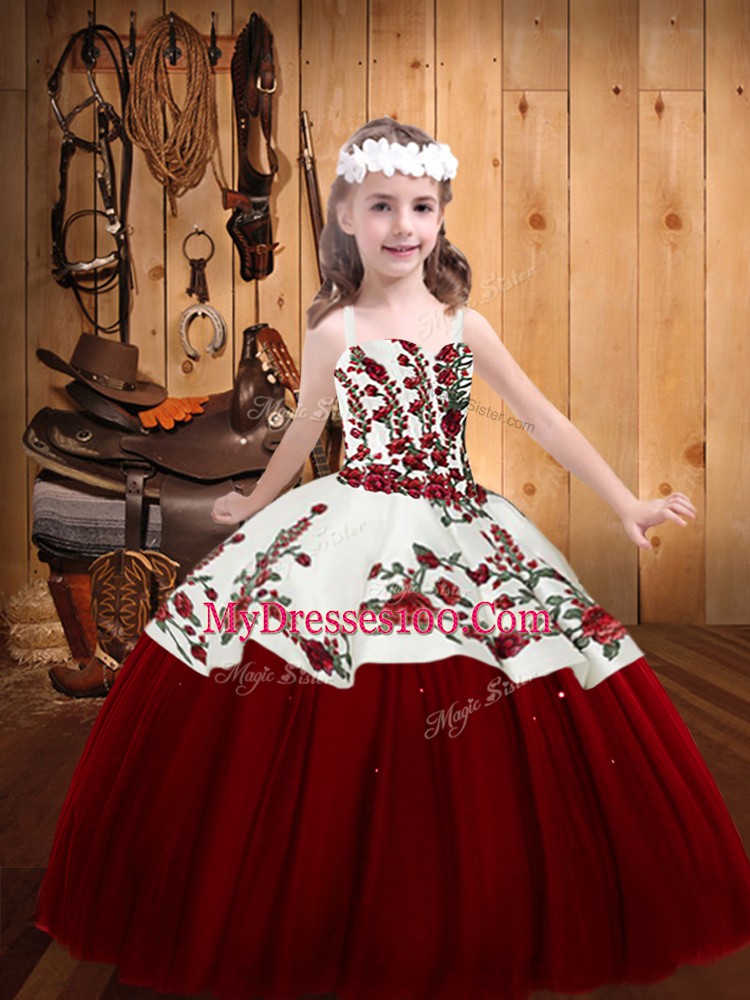 Elegant Red Lace Up Straps Embroidery Little Girls Pageant Dress Tulle Sleeveless