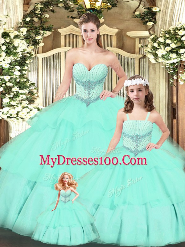 Sleeveless Tulle Floor Length Lace Up Quinceanera Gowns in Aqua Blue with Beading and Ruching