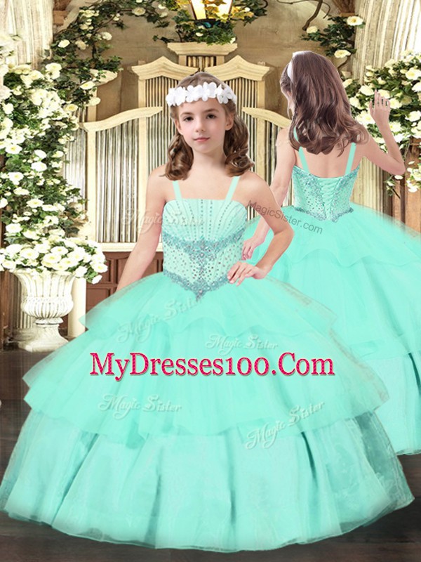 Sleeveless Tulle Floor Length Lace Up Quinceanera Gowns in Aqua Blue with Beading and Ruching