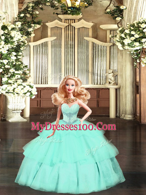 Sleeveless Tulle Floor Length Lace Up Quinceanera Gowns in Aqua Blue with Beading and Ruching