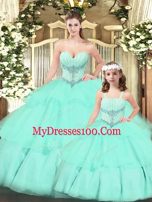 Sleeveless Tulle Floor Length Lace Up Quinceanera Gowns in Aqua Blue with Beading and Ruching
