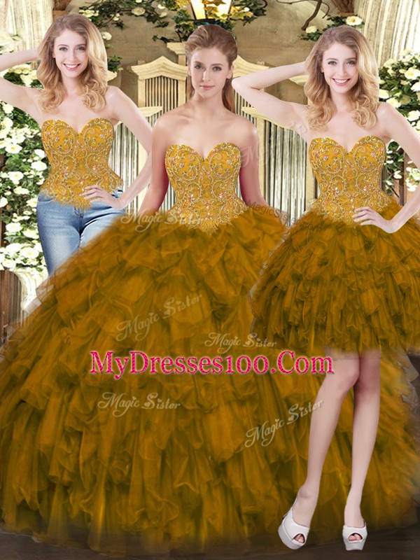 On Sale Olive Green Sweetheart Neckline Beading and Ruffles Ball Gown Prom Dress Sleeveless Lace Up