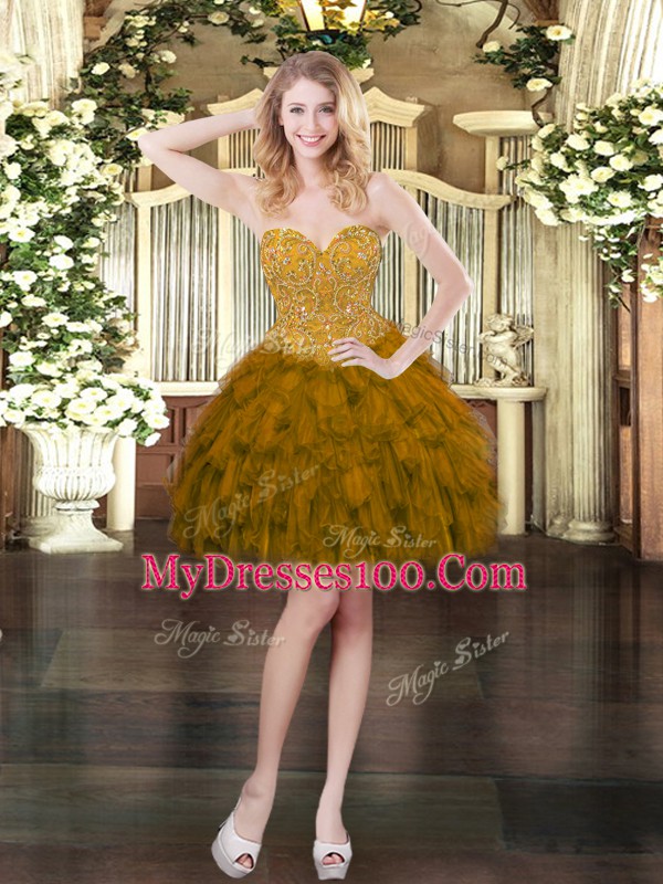 On Sale Olive Green Sweetheart Neckline Beading and Ruffles Ball Gown Prom Dress Sleeveless Lace Up
