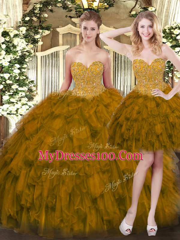 On Sale Olive Green Sweetheart Neckline Beading and Ruffles Ball Gown Prom Dress Sleeveless Lace Up
