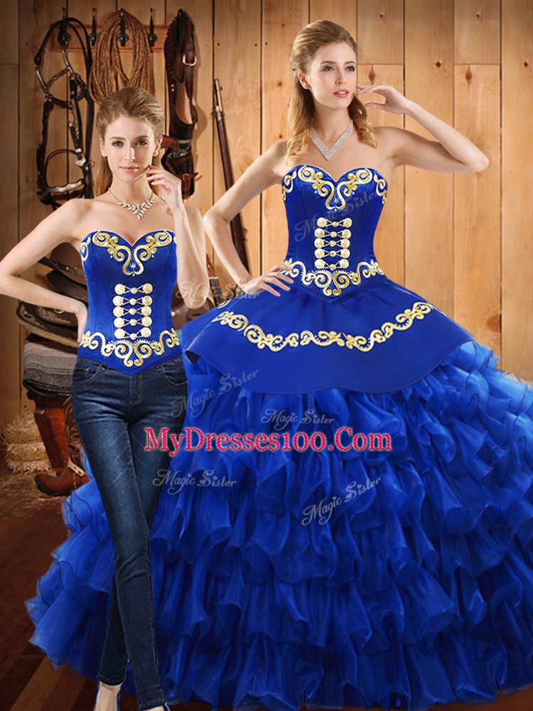 Luxurious Sleeveless Lace Up Floor Length Embroidery and Ruffled Layers Quince Ball Gowns