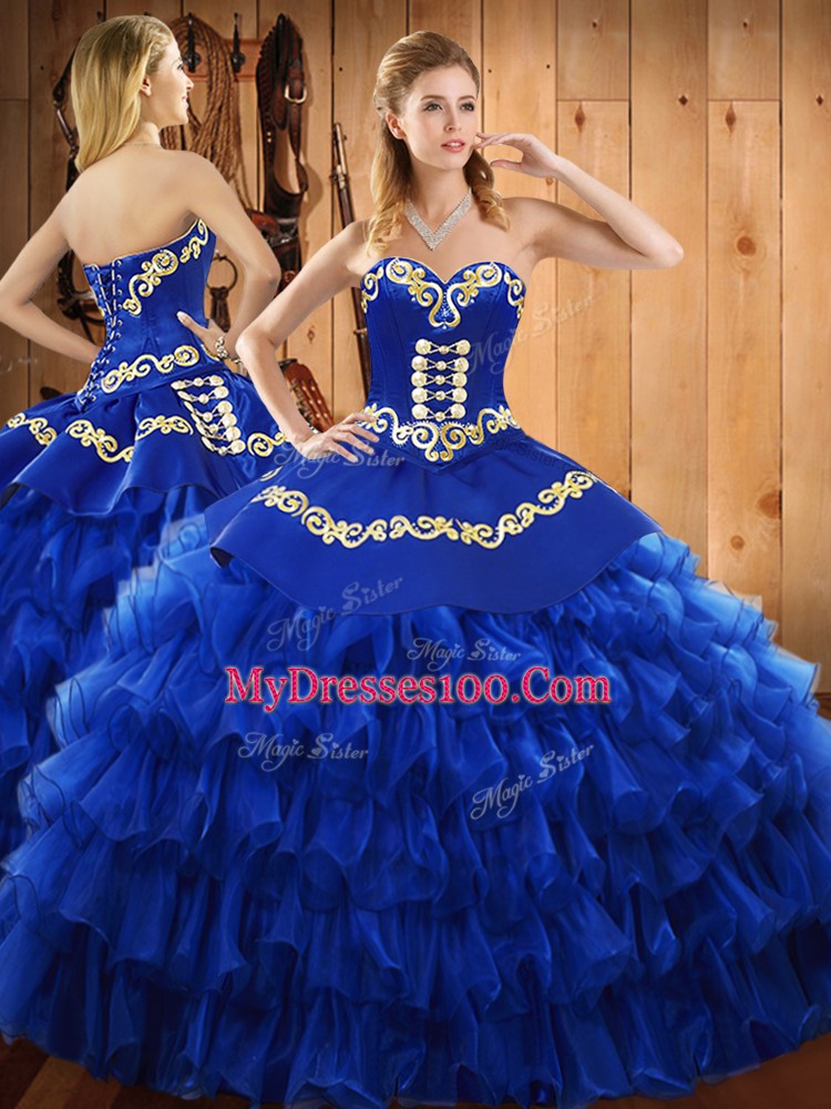 Luxurious Sleeveless Lace Up Floor Length Embroidery and Ruffled Layers Quince Ball Gowns