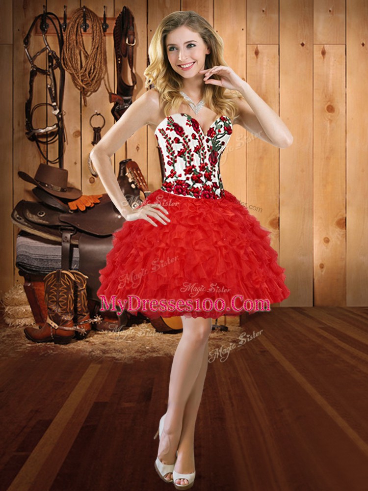 Popular Mini Length Lace Up Homecoming Dresses Red for Prom and Party with Embroidery and Ruffles