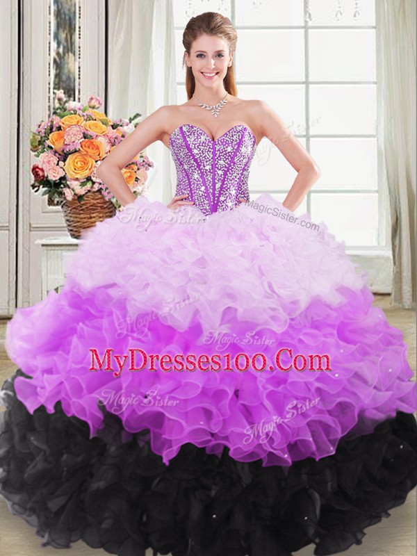 High Class Sweetheart Sleeveless Quince Ball Gowns Floor Length Beading and Ruffles Multi-color Organza