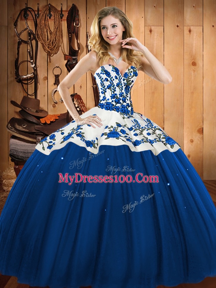 Excellent Ball Gowns Sweet 16 Dress Blue Sweetheart Satin and Tulle Sleeveless Floor Length Lace Up